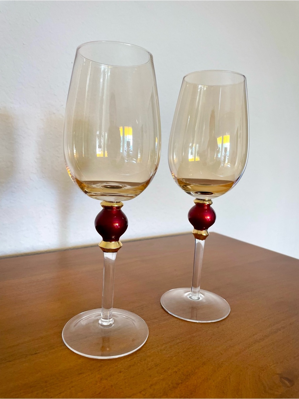 Pair of Pier 1 Amber Luster Red Ball Water Goblet Stem Wine Glass Handblown